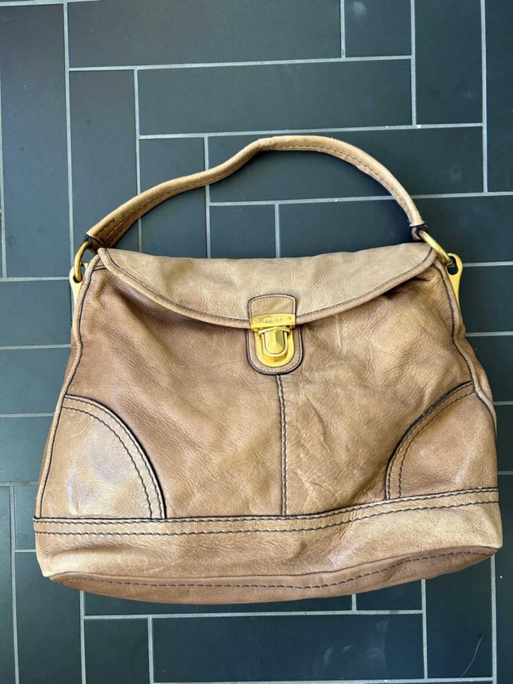 Prada Cervo Shine Pushlock Leather Hobo Bag